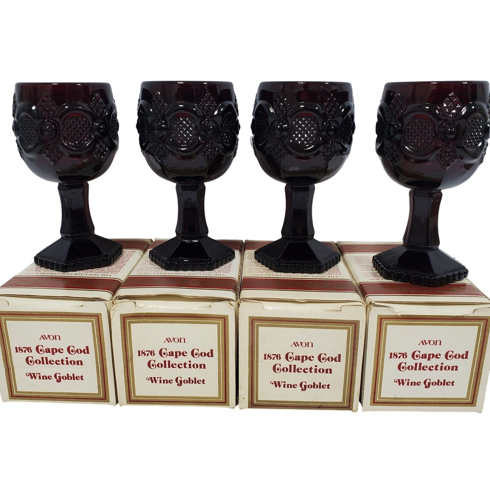 Avon 1876 Cape Cod Wine Goblet Set 4 Ruby Red‎ Glass Vintage